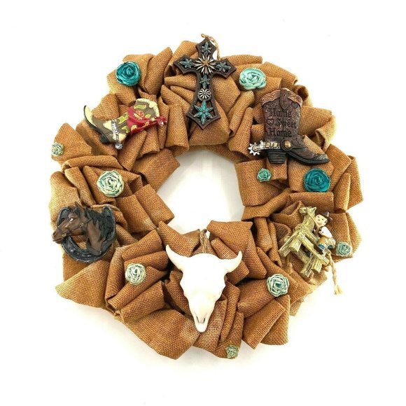 Handmade Western Cowboy Burlap Hanging Wreath Turquoise 15 Farmhouse Rustic